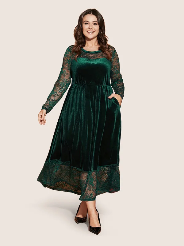Classic Women's Clothing Styles Solid Contrast Lace Pocket Round Neck Velvet Dress