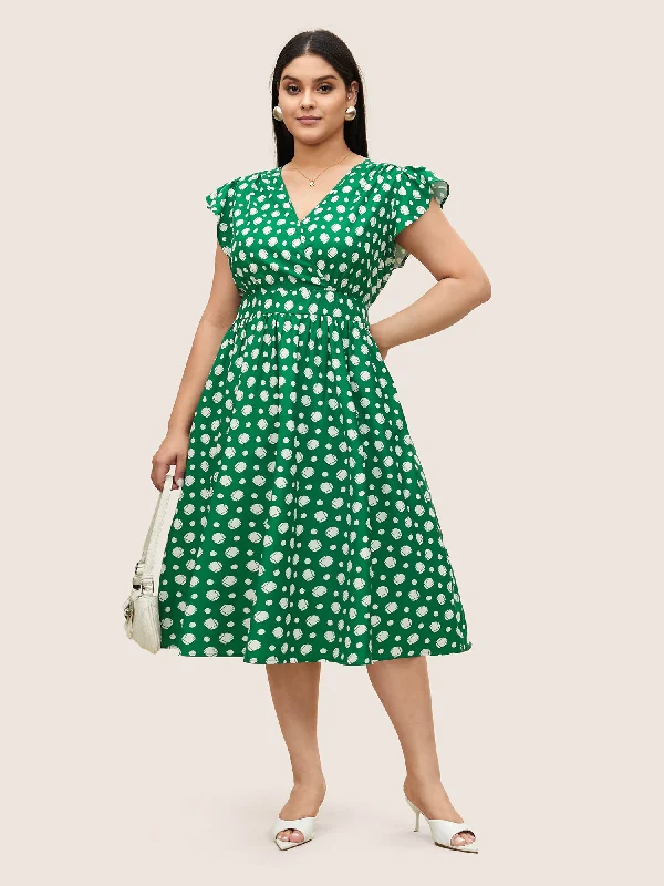 Stylish Savings Graphic Wrap Gathered Ruffle Cap Sleeve Dress