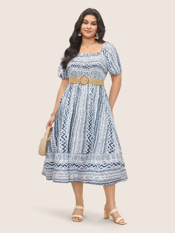Fashionable Women's Clothing Geometric Shirred Pocket Lantern Sleeve Dress