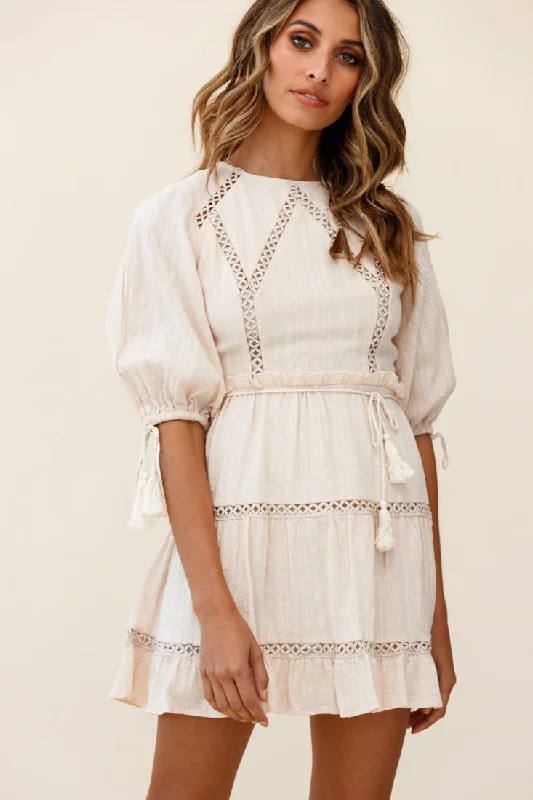 Women's Contemporary Clothing Antonia Half Puff Sleeve Crochet Detail Dress Beige