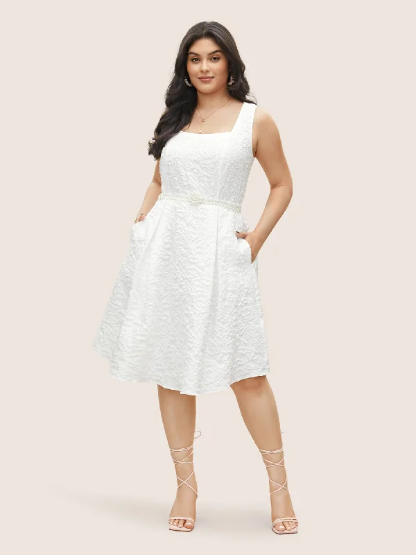Women's Work Outfit Textured Solid Pocket Square Neck Tank Dress