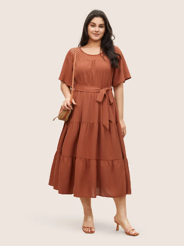 Women's Clothing For Casual Outings Hollow Out Belted Gathered Patchwork Hem Dress