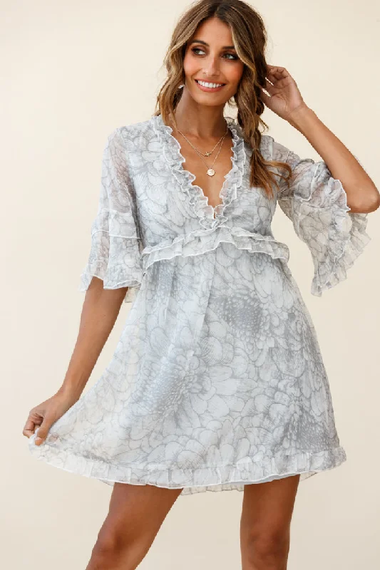 Stylish Dresses for Women Gemma V-Neckline Frill Detail Dress Flower Print Grey