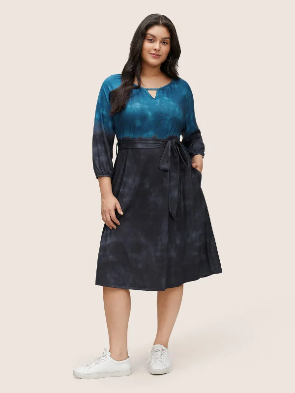 Women's Clothing For Outdoor Activities Tie Dye Cut Out Belted Elastic Cuffs Dress