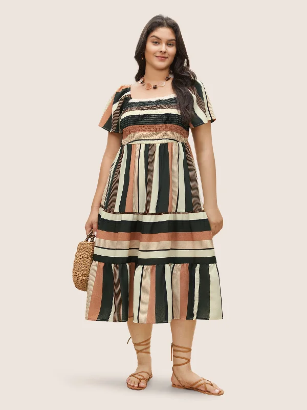 Women's Clothing Patchwork Striped Shirred Pocket Dress