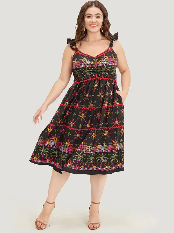 Outlet Clothing Geometric Print Ruffle Trim Pocket Ruched Detail Cami Dress