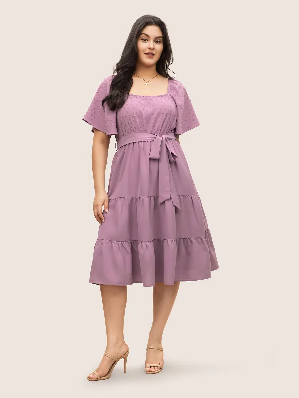 Women's Clothing Online Plain Textured Ruffle Layered Hem Belted Dress