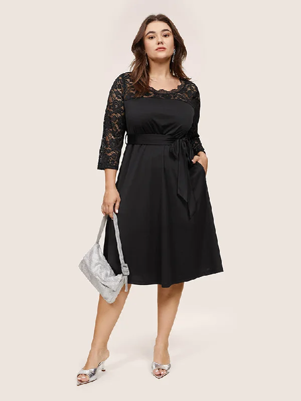 Flash Sales This Week Plain Crochet Lace Mesh Pocket Belted Dress