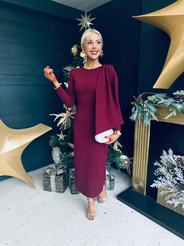 Vintage Women's Fashion Doireann Sash Detail Occasion Dress Burgundy