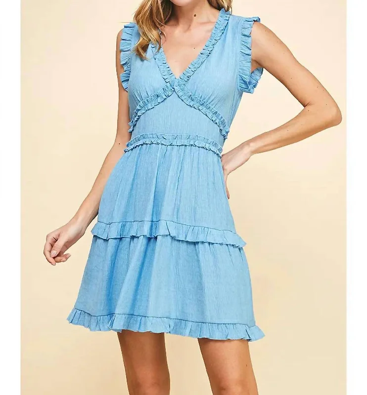 Women's Activewear for Exercise and Sports V-Neck Ruffle Dress In Urban Blue