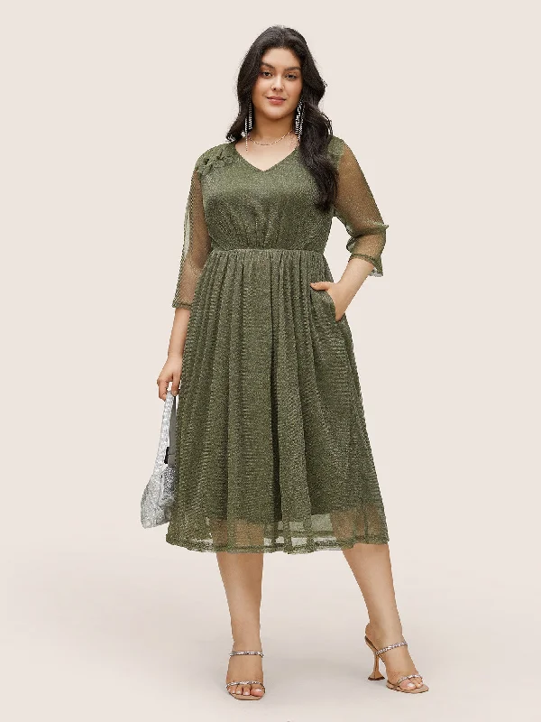 Women's Evening Clothes Flutter Trim Mesh Pocket Gathered Dress