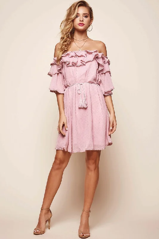 Women's Seasonal Garments Springtime Hail Spot Chiffon Off Shoulder Dress Blush