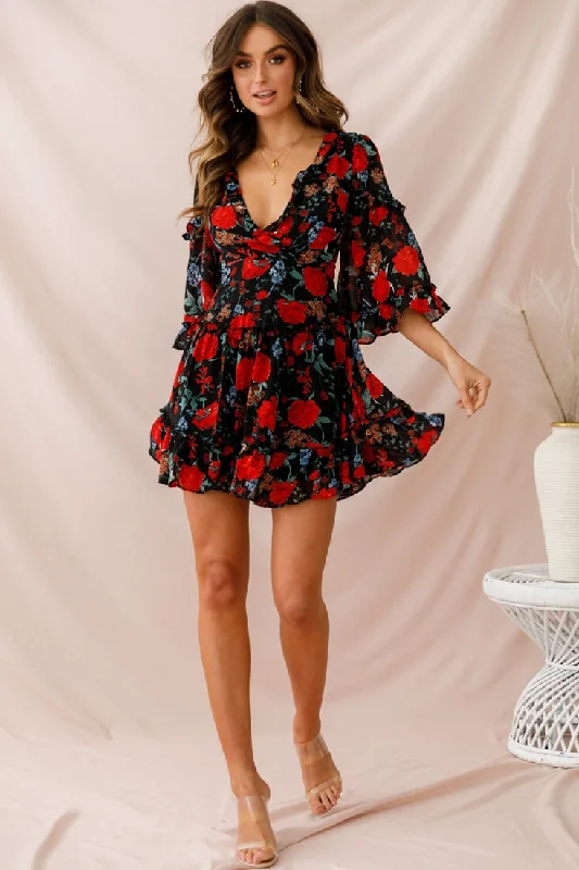Online Clothing Stores Albany Lace Up Back Frill Dress Black/Red