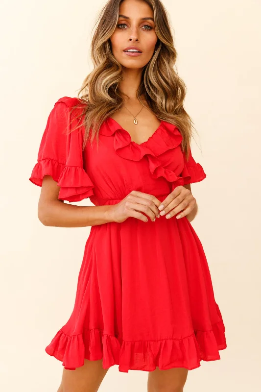 Outlet Clothing Malika Angel Sleeve Ruffle Trim Dress Red