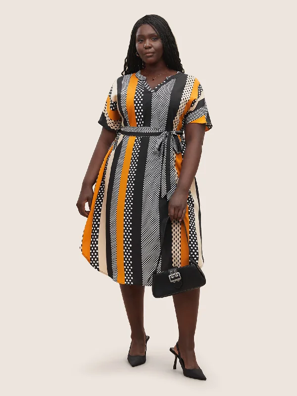 Boutique Dress Online Polka Dot & Striped Notched Contrast Belted Dress