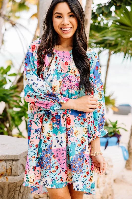 Trendy Boutiques Online Can't Help Yourself Blue Mixed Print Dress