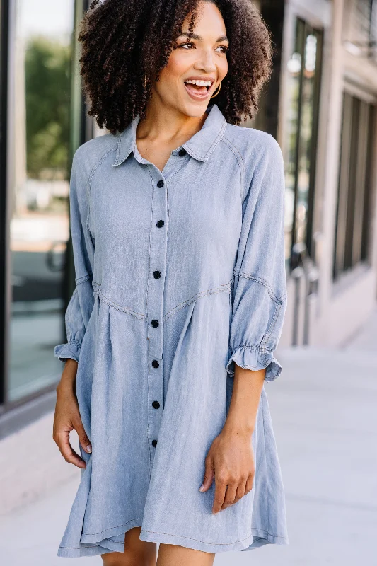Women's Vintage-Inspired Outfit Part Of You Light Denim Blue Hand Dyed Button Down Dress