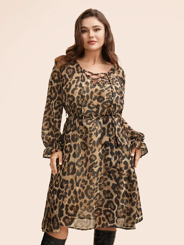 Women's Clothes For Work Events Leopard Print Lace Up Lantern Sleeve Dress