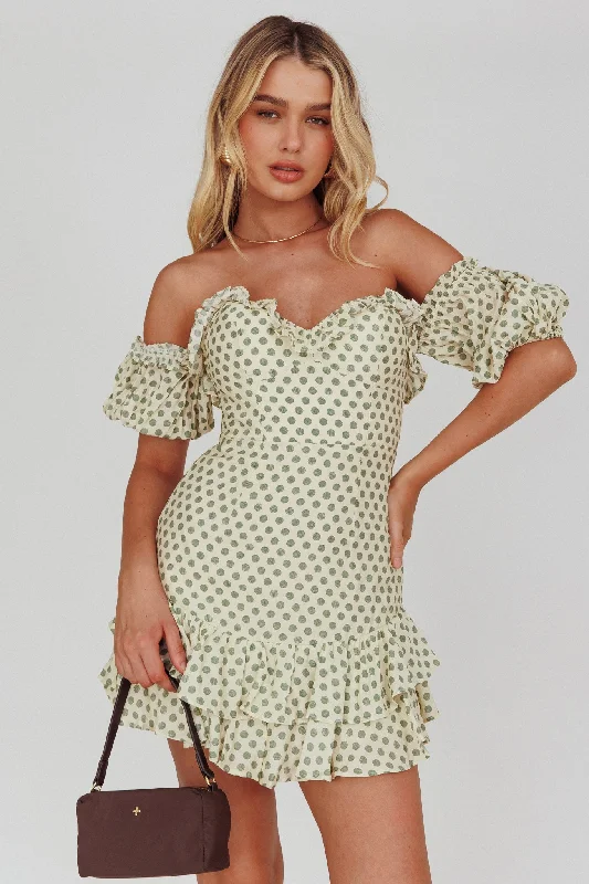 Women's Comfortable Lounge Garments Homecoming Queen Sweetheart Neckline Puff Sleeve Dress Polka Dot Green