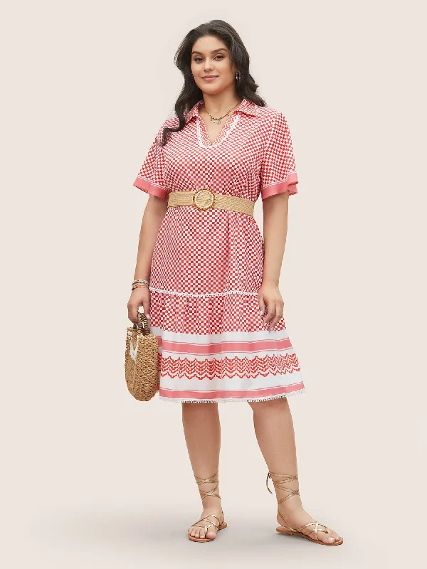 Fashionable Women's Clothing Gingham Patchwork Lapel Collar Ruffle Sleeve Dress