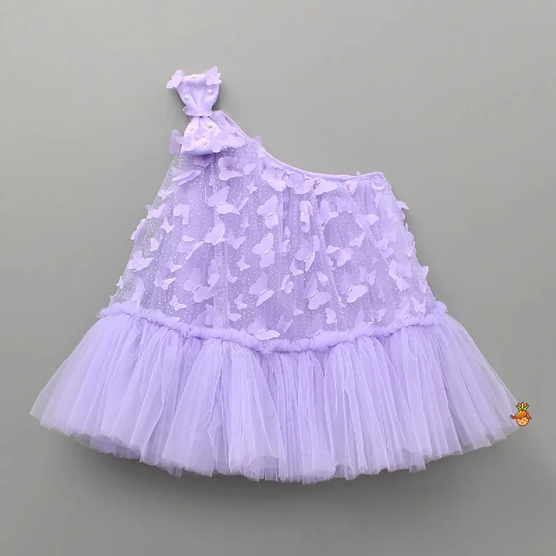 Elegant Women's Fashion Lavender Embroidered And Artificial Butterflies Embellished Dress
