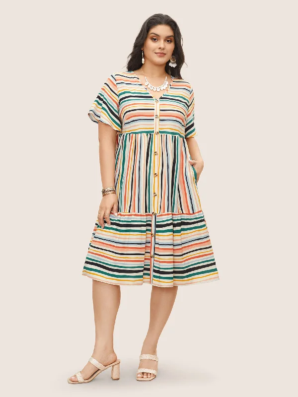 Women's Athletic Outfit Colored Stripes Button Detail Patchwork Ruffle Sleeve Dress