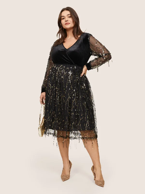 Elegant Fashion Velvet Sequin Tassels Mesh Surplice Neck Dress