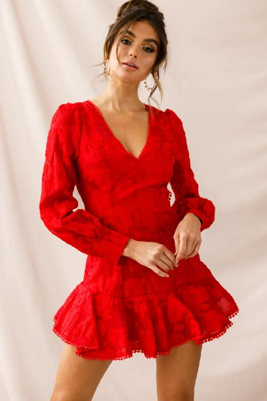 Women's Holiday Outfit Camellia Open Back Cuff Sleeve Dress Red