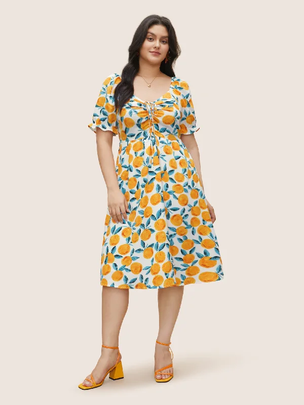 Vibrant Styles Fruits Print Drawstring Ruched Lantern Sleeve Dress