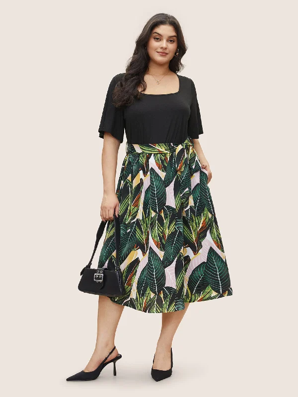 Versatile Outfits Plants Patchwork Pocket Square Neck Dress