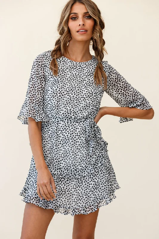 Women's Chic Outerwear Outfit Wife Me Crew Neck Ruffle Insert Dress Polka Dot Black