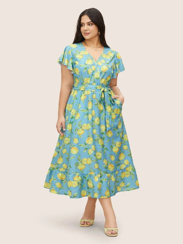 Stylish Dresses for Women Citrus Lemon Print Ruffle Cap Sleeve Belted Dress