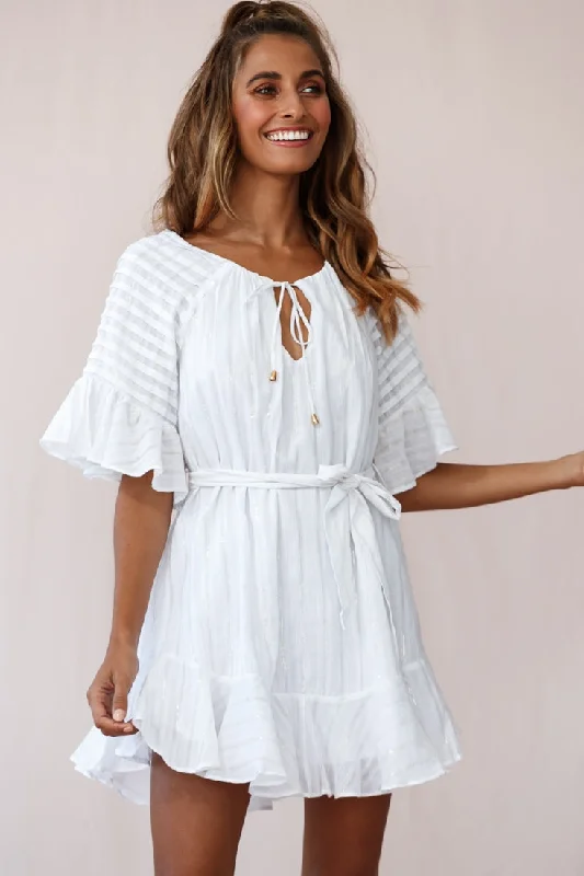 Vibrant Femme Fashion Estonia Pintuck Waist Tie Dress White