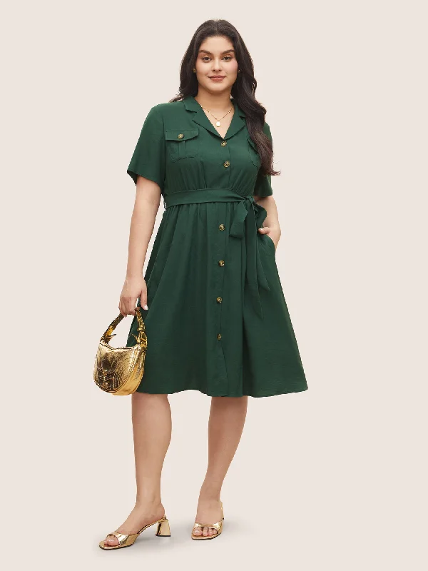 Affordable Fashion Clothing For Women Plain Suit Collar Belted Flap Detail Dress
