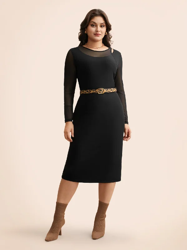 Women's Casual Wear Clothes Crew Neck Patchwork Mesh Split Hem Dress