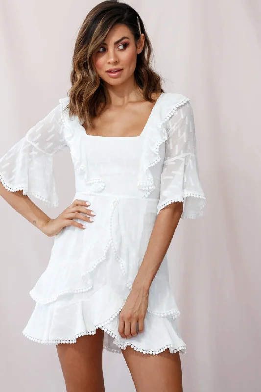 Women Clothing Evangelina Square Neckline Fluted Half-Sleeve Dress White