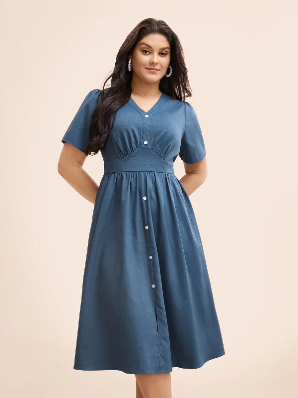 Women's Holiday Clothing Denim Effect Button Detail Split Front Dress