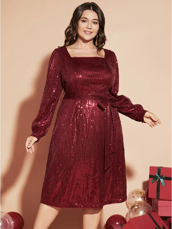 Fashion Sale Solid Square Neck Lantern Sleeve Belted Sequin Dress