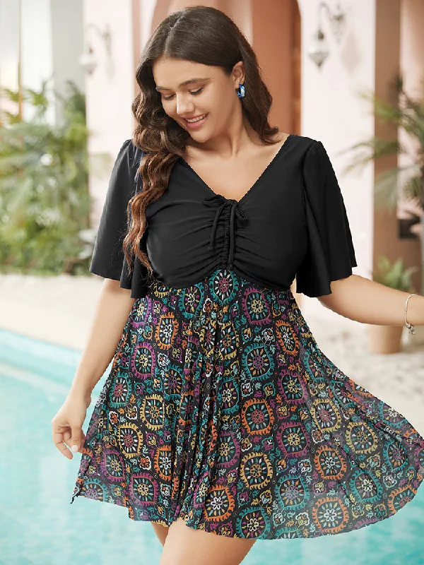 Women's Evening Clothes Paisley Drawstring Ruched Detail Ruffle Sleeve Swim Dress