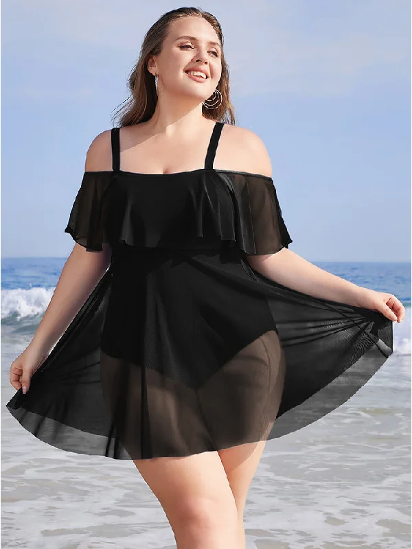 Women's Plus-Size Casual Outfit Solid Mesh Ruffles Cold Shoulder Sculpt Waist Swim Dress Women's Plus-Size Casual Outfit Solid Mesh Ruffles Cold Shoulder Sculpt Waist Swim Dress