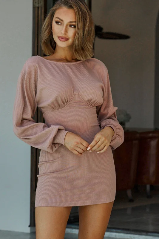 Timeless Women's Garments Sammy Long Balloon Sleeve Piping Detail Ribbed Dress Mauve Timeless Women's Garments Sammy Long Balloon Sleeve Piping Detail Ribbed Dress Mauve
