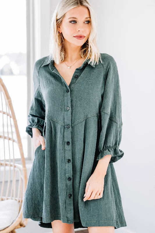 Women's Clothing Boutique Part Of You Forest Green Hand Dyed Button Down Dress