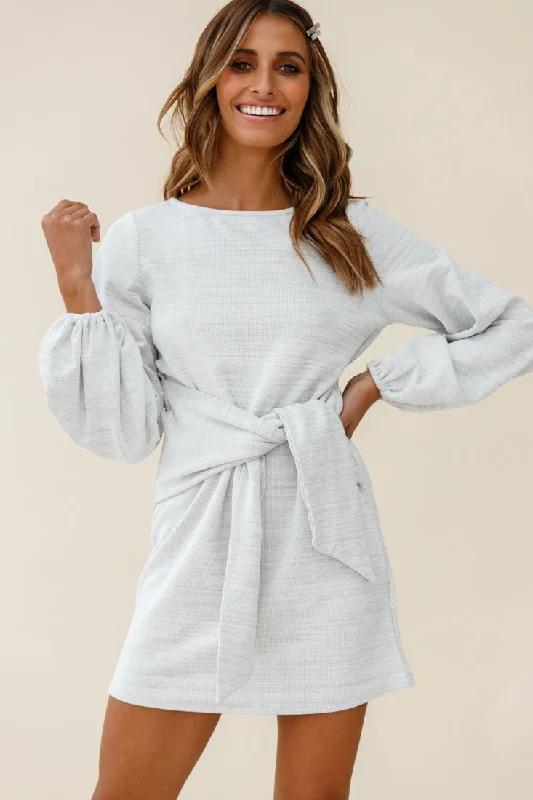 Women's Evening Clothes Rapt Waist Tie Bishop Sleeve Knit Dress Steel Grey