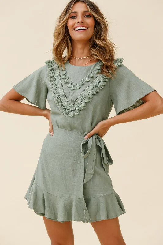 Women's Evening Clothes Angelique Tassel Bust Wrap Bottom Dress Olive