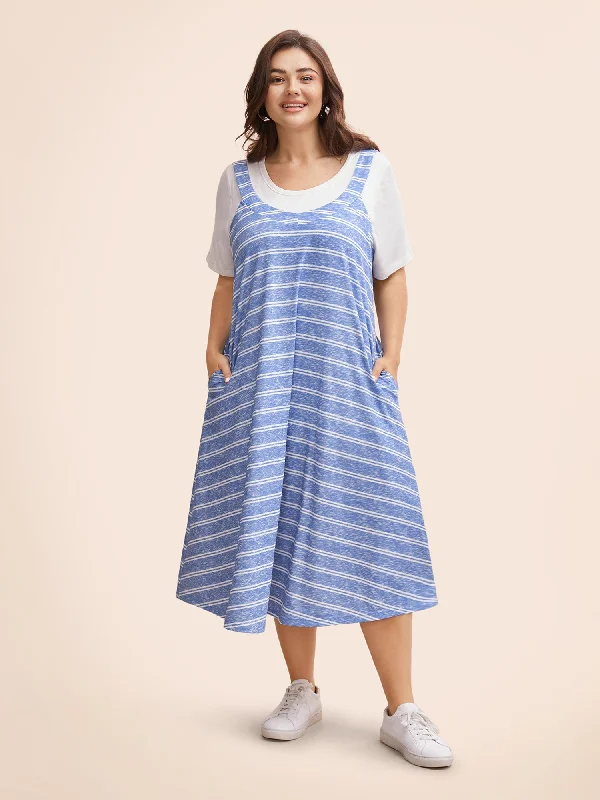 Unique Women's Fashion Pieces U Neck Striped Adjustable Straps Dress