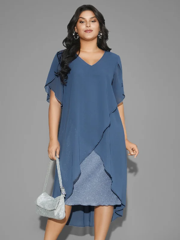 Women's Charming Outfit For Events Solid Petal Sleeve Tiered Hem Dress