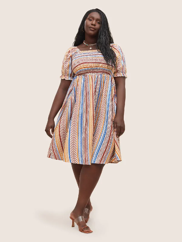 Laid-Back Elegance Color Striped Shirred Lantern Sleeve Dress