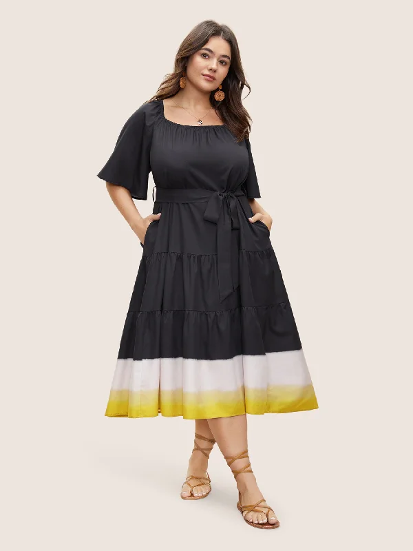 Women's Online Clothing Boutique Square Neck Ombre Belted Ruffle Layered Hem Dress