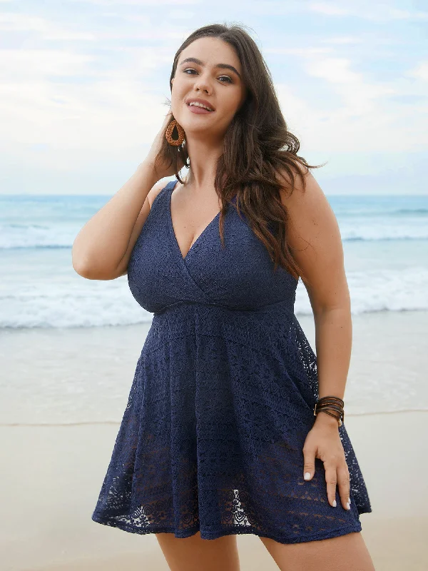Women's Vintage Garments Lace Wrap-Neck Adjustable Straps Swim Dress