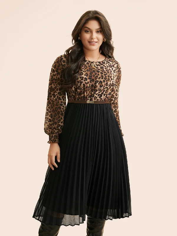 Affordable Online Boutique Leopard Print Patchwork Mesh Pleated Dress